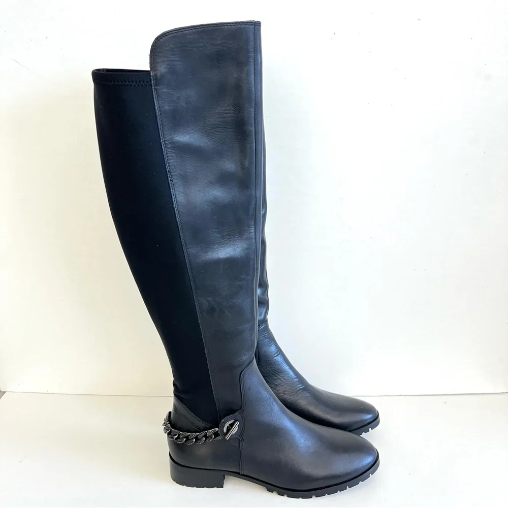 KARL LAGERFELD Paris Shay Leather Textile Chain Over-The-Knee Boots Sz 8 M NWOB